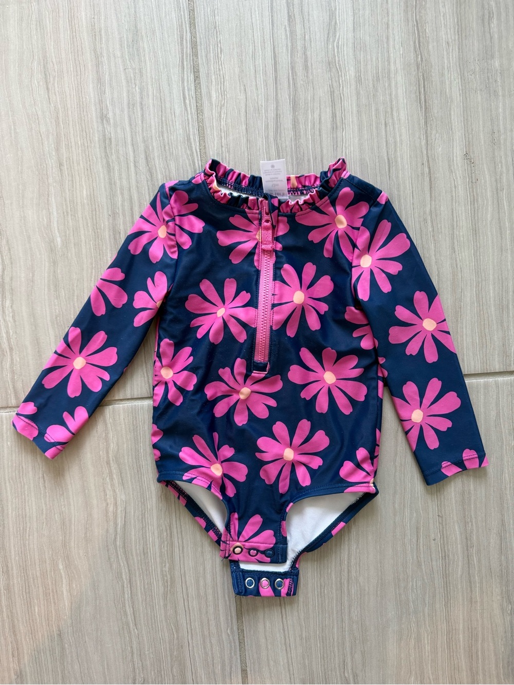 Carter's Navy One-Piece Rash Guard Swimsuit with Pink Daisy Print
